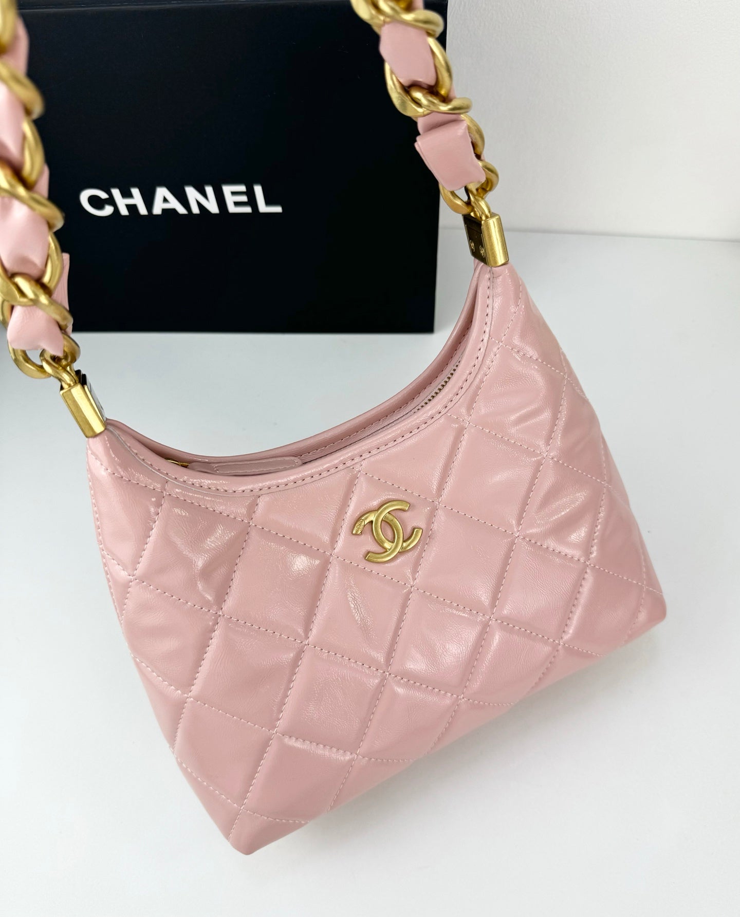 Chanel Sakura Pink Hobo Bag | 24K Gold Chunky Chain Strap | 22cm Lightweight Wax Leather Crossbody