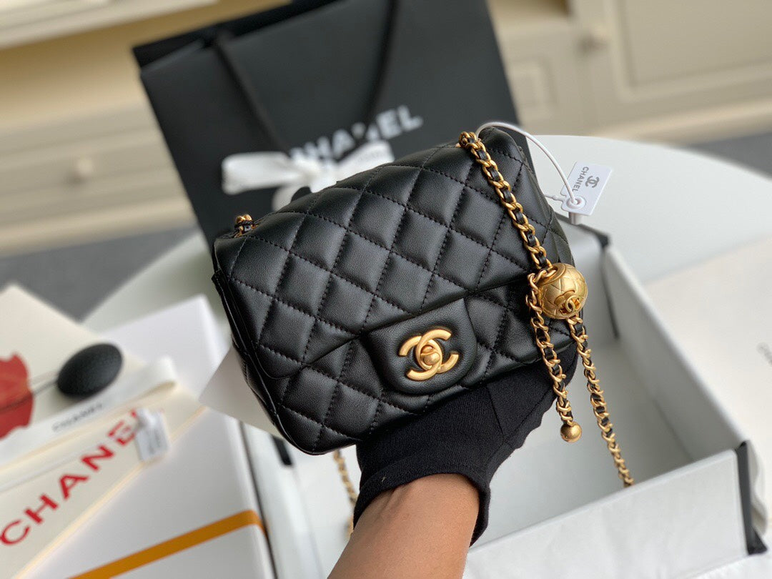 Chanel-Inspired Mini Square Bag with Metal Ball Chain - 13x18x7cm Genuine Lamb Leather Shoulder Bag Full Set Packaging