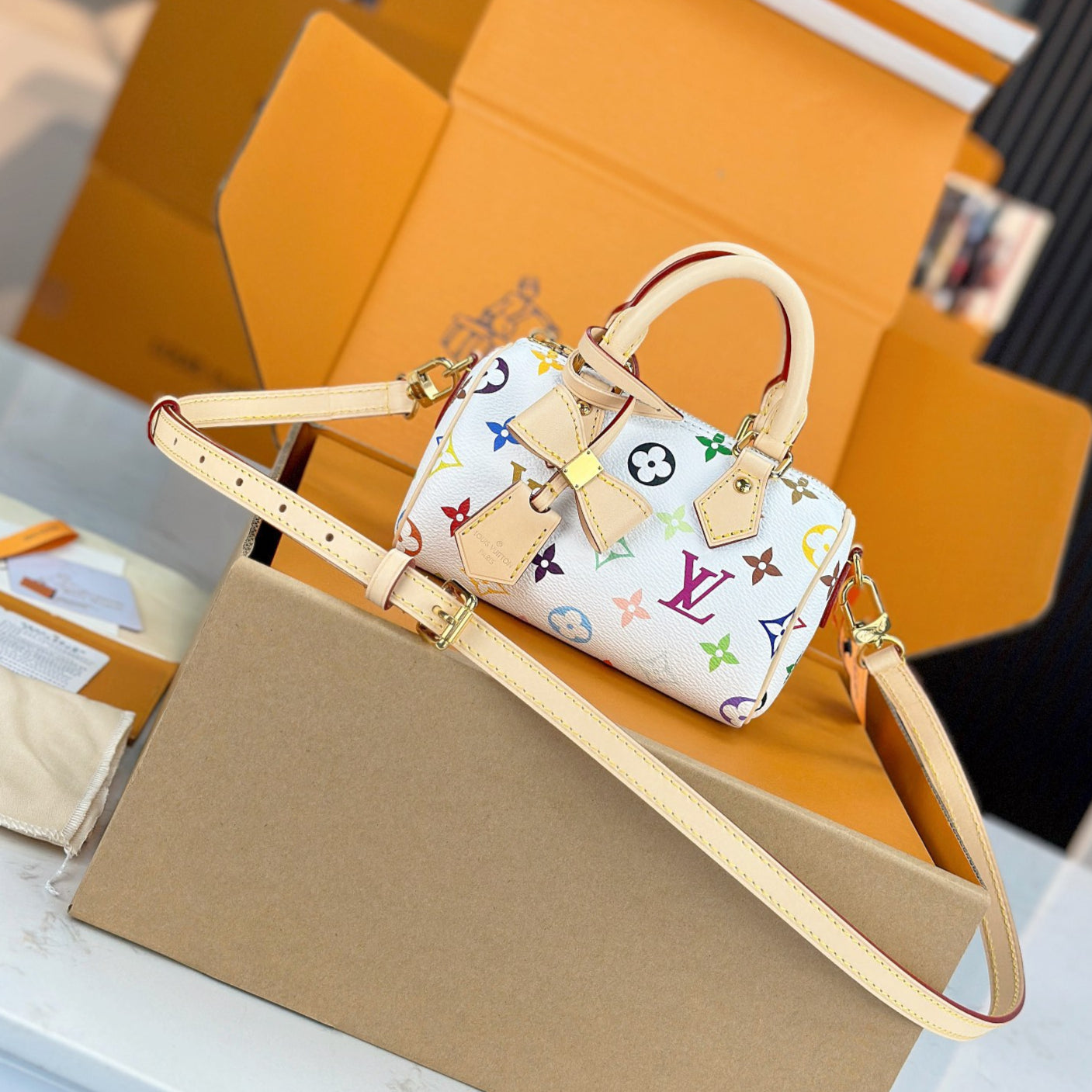 LV x TM NANO SPEEDY Handbag | A+ Stainless Steel Hardware | Premium MB Elastic Fabric | Duty-Free Luxury Set