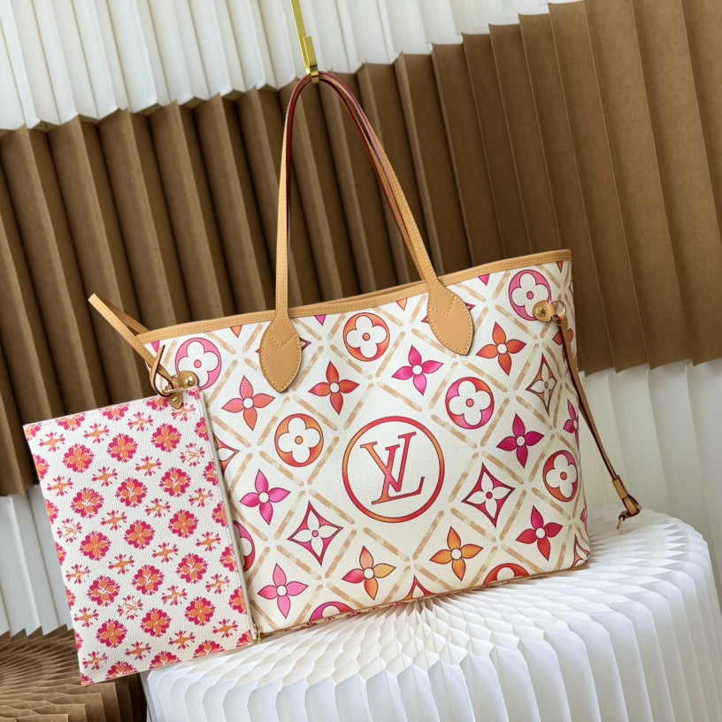 2024 SS Watercolor Tote Medium Bag | Monogram-Inspired Canvas | Detachable Pouch | Spacious Work & Travel