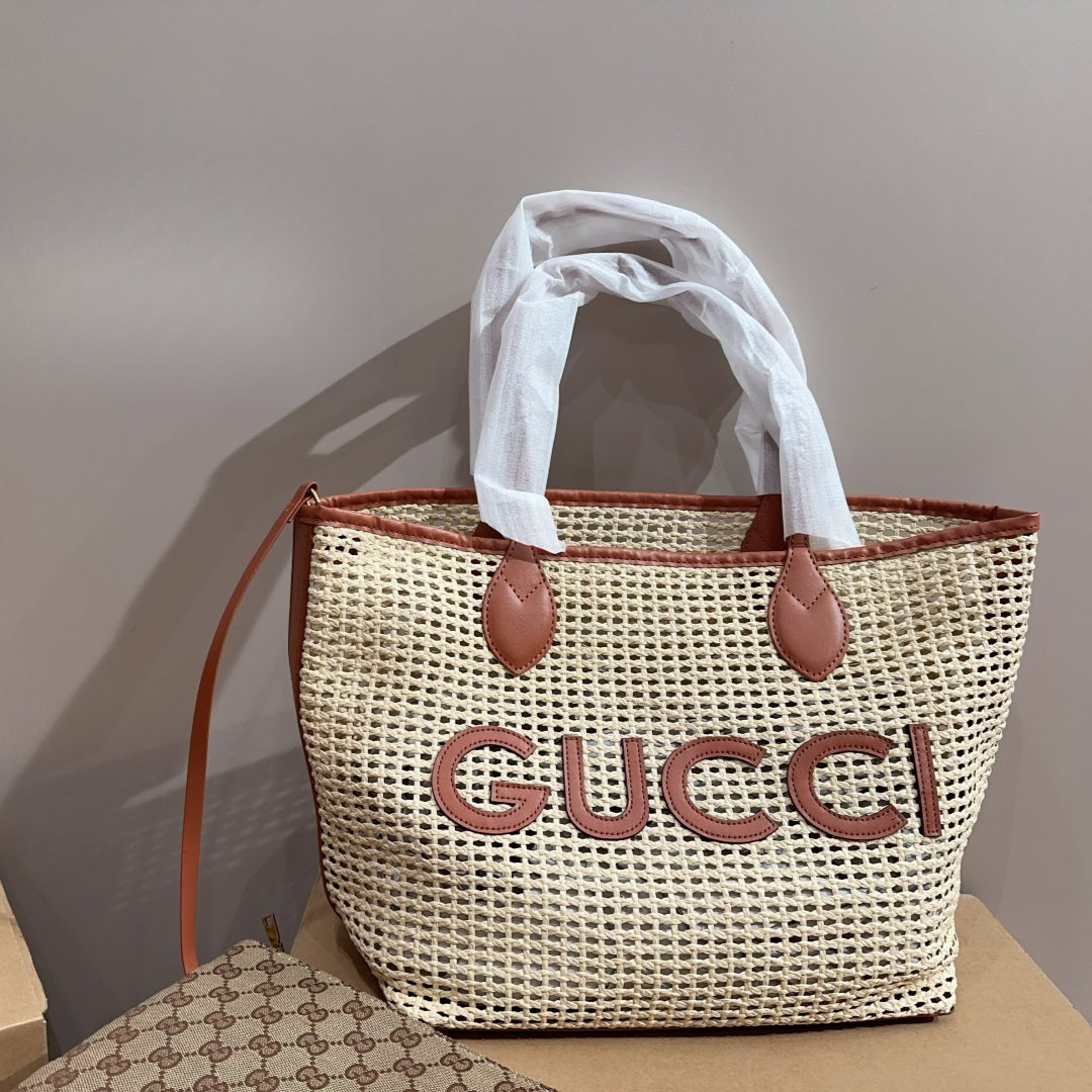 GUCCI Raffia Tote Bag with Gift Box 30x29cm 2024 Summer New Woven Beach Bag Designer Vacation Essential