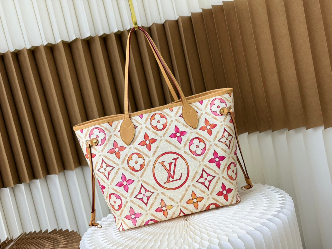2024 SS Watercolor Tote Medium Bag | Monogram-Inspired Canvas | Detachable Pouch | Spacious Work & Travel