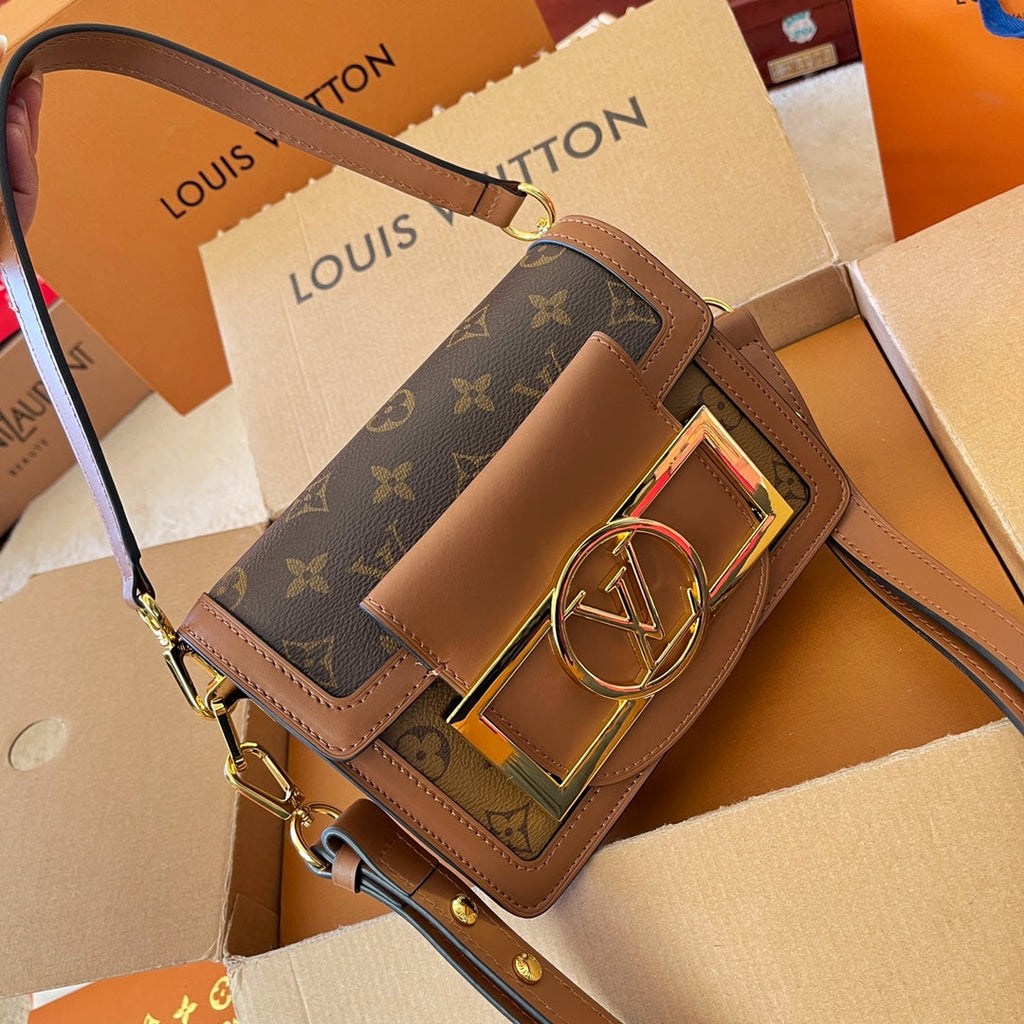 Louis Vuitton 2023 Spring Summer New Dauphine Bag with Oversized Logo, Gold Hardware, Futuristic Design, Foldable Gift Box & Airplane Box (20*13cm)