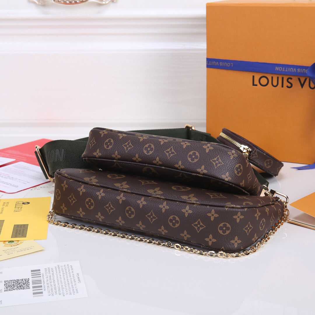 Luxury 3-in-1 Monogram Canvas Handbag Set | Multi-Pochette Crossbody Bag 24cm (Emerald/Pink/Caramel) with Full Packaging