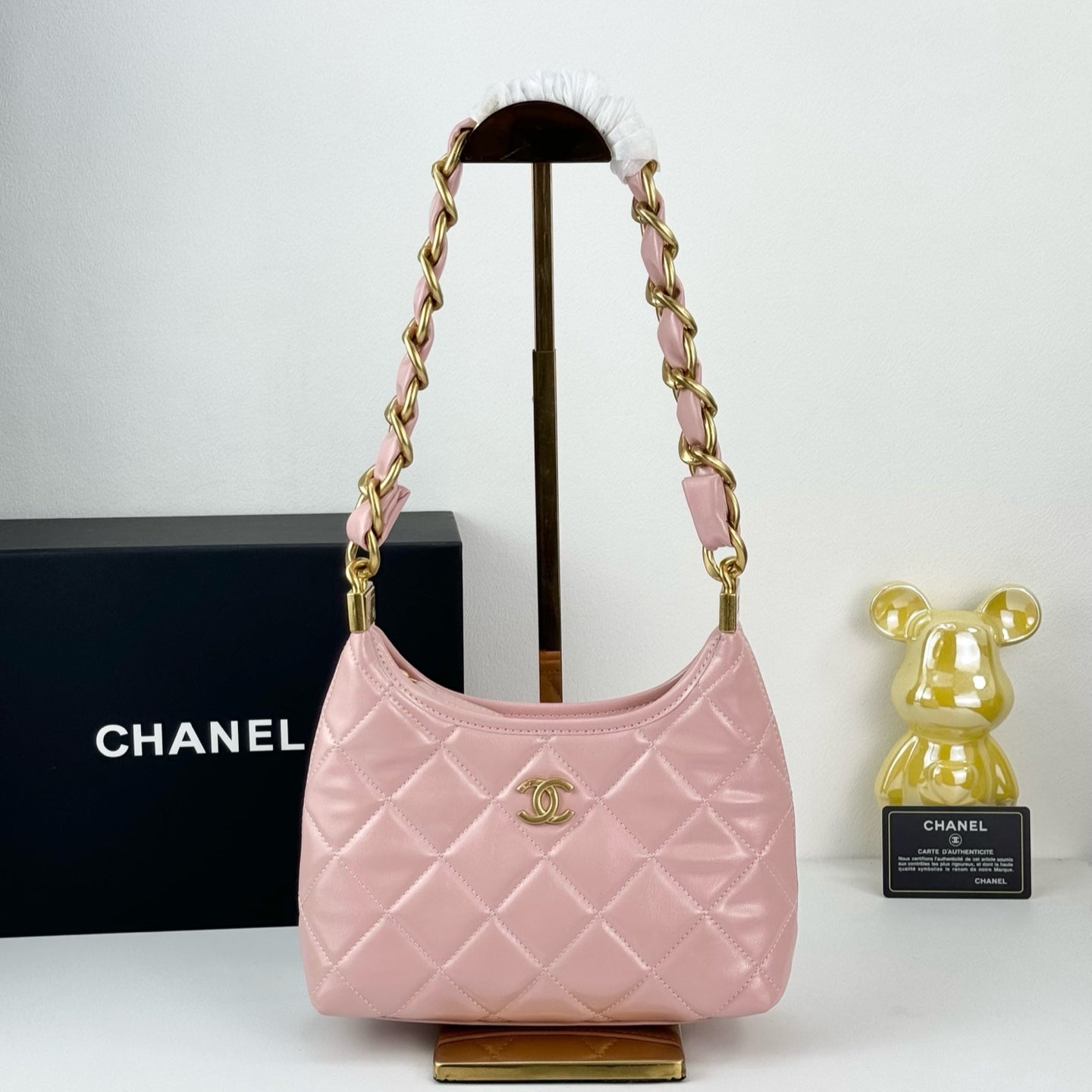 Chanel Sakura Pink Hobo Bag | 24K Gold Chunky Chain Strap | 22cm Lightweight Wax Leather Crossbody