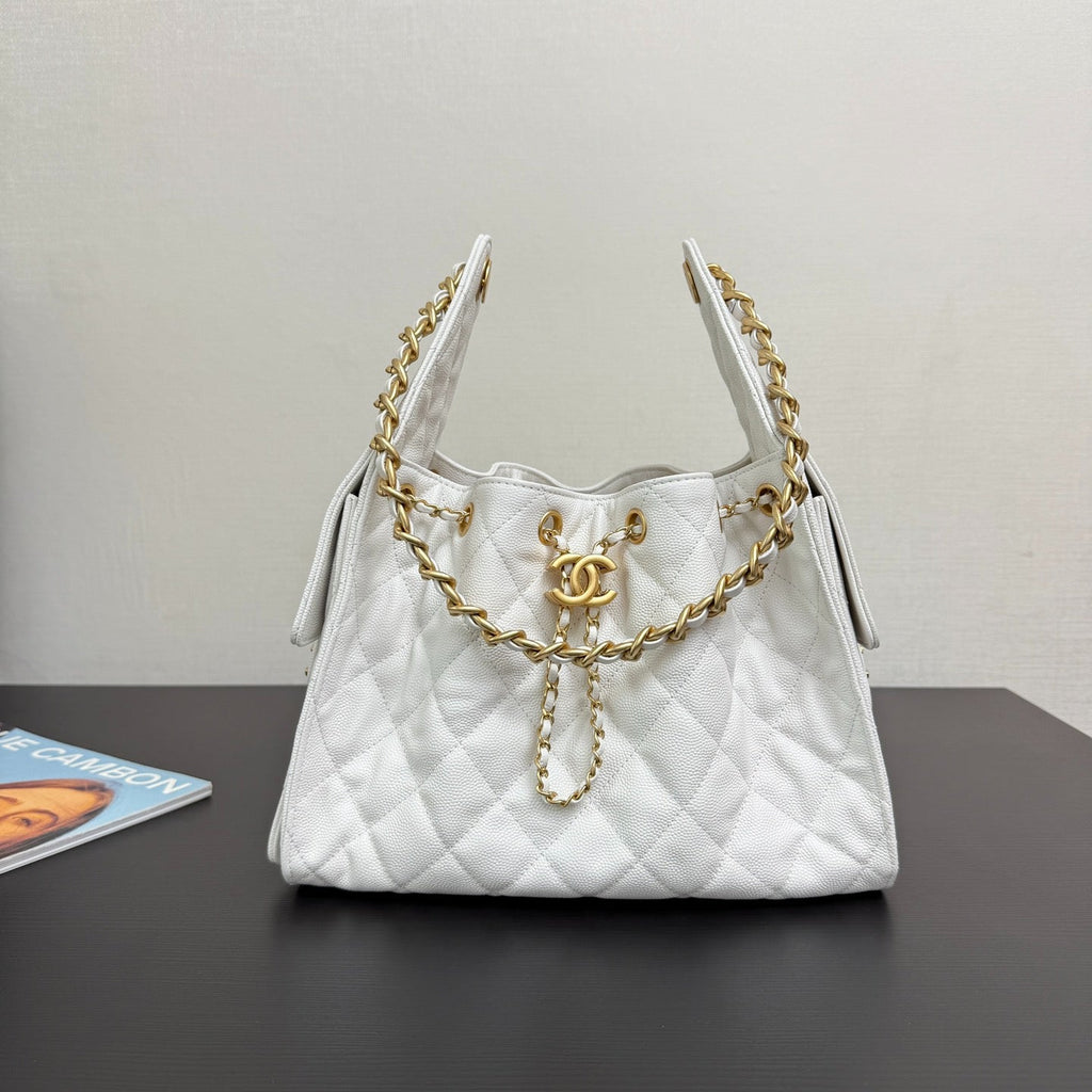 2023 HOT SALE Genuine Leather HOBO Bag Adjustable Chain Bucket Crossbody Bag with Side Pockets Large Capacity Travel Tote (30*26*14cm)