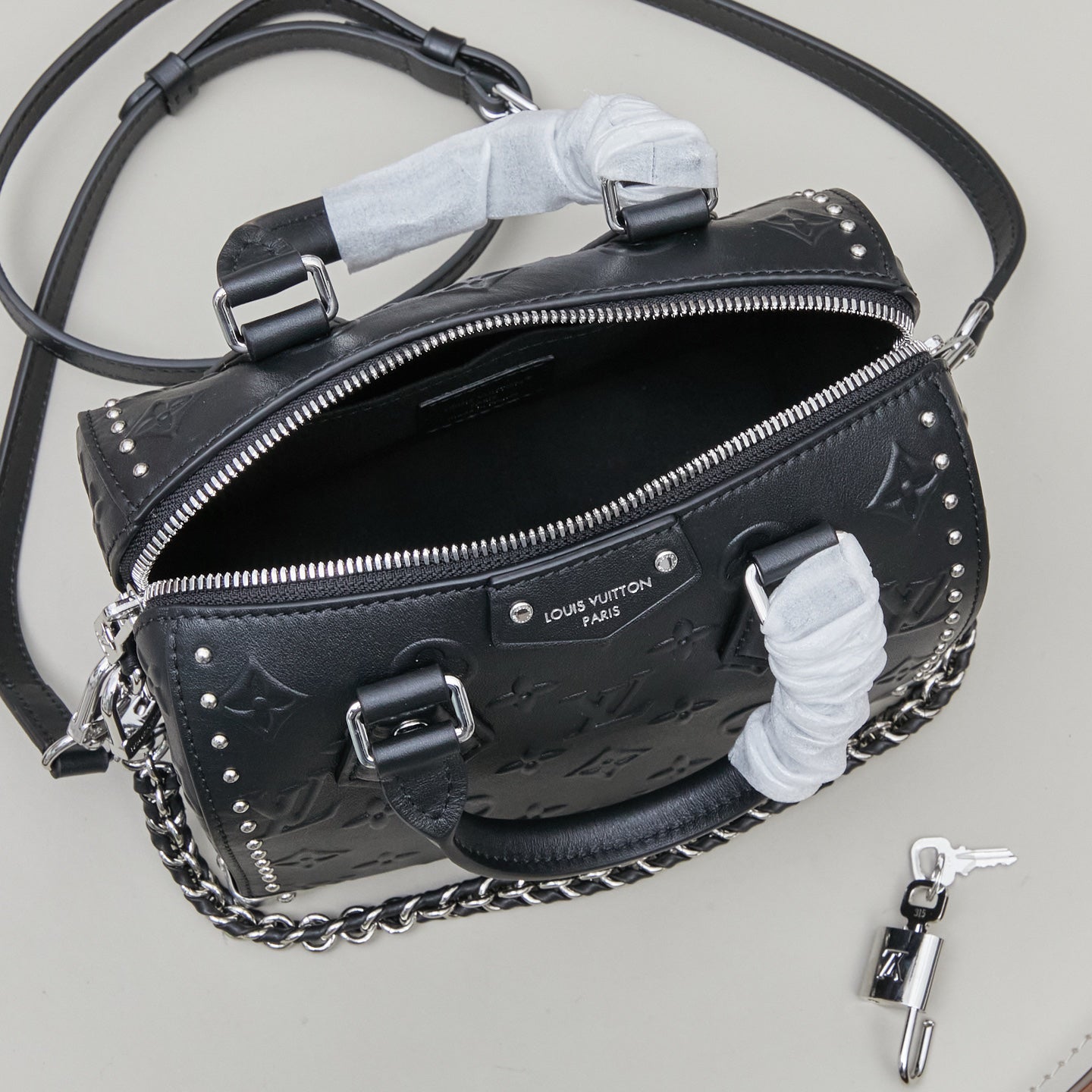 Louis Vuitton 2025 Cruise Collection Dynamic Monogram Bold Speedy 20 Trunk Handbag - Embossed Calfskin Metal Accents Detachable Chain Strap
