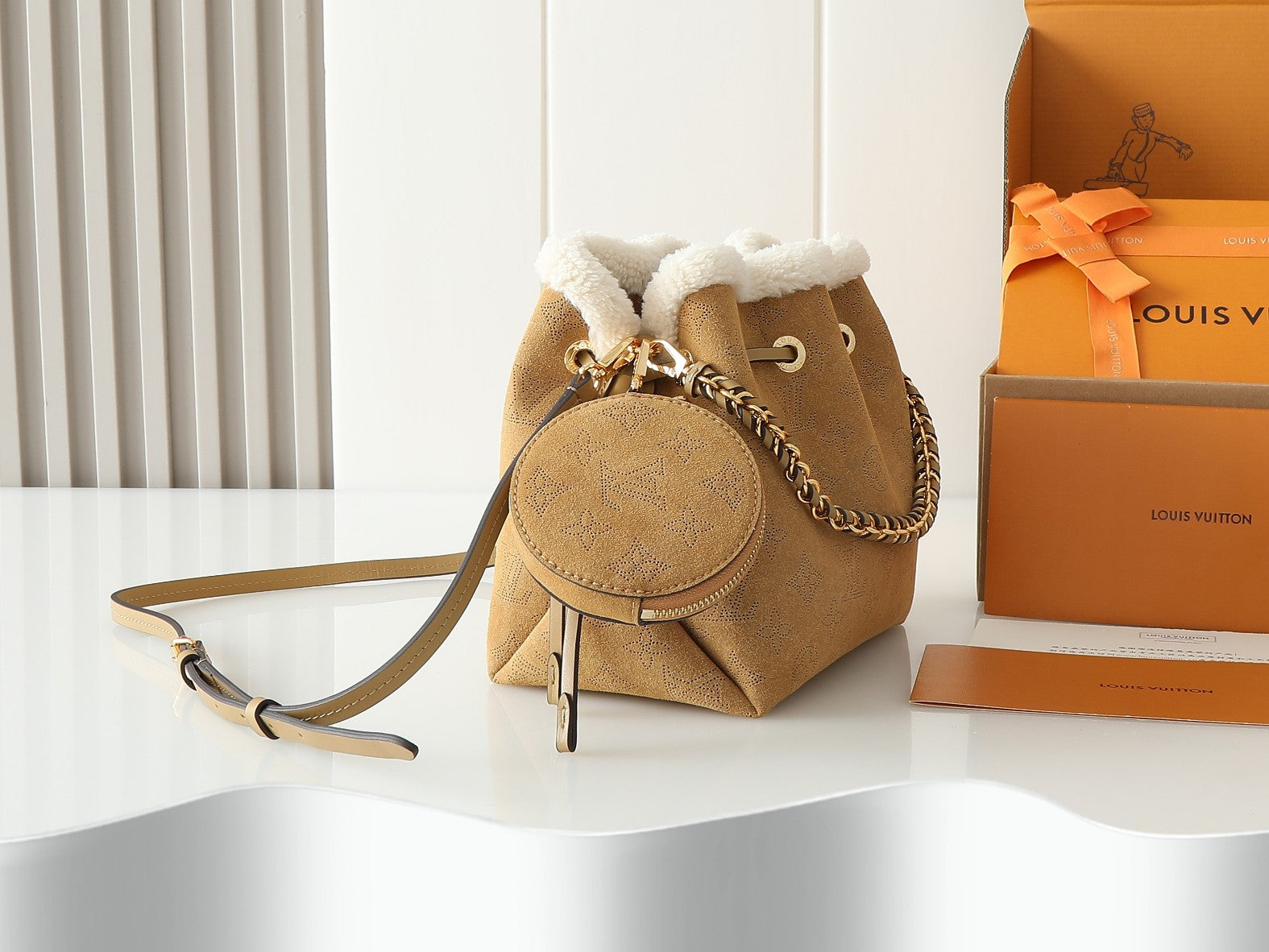 LV Ski Collection Bella Bag | Embroidered Suede Calfskin & Shearling Trim Shoulder Bag with Detachable Chain