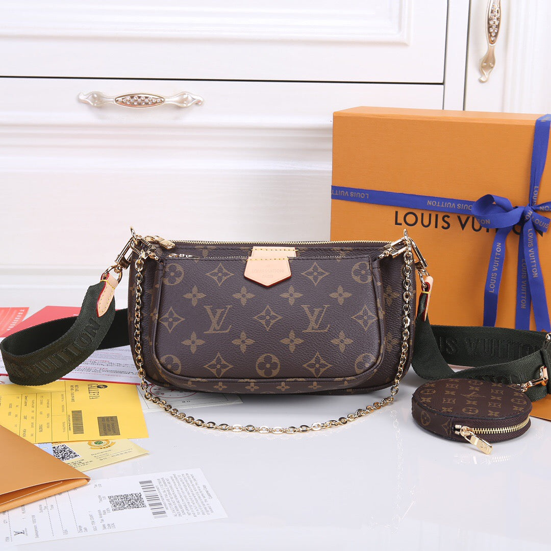 Luxury 3-in-1 Monogram Canvas Handbag Set | Multi-Pochette Crossbody Bag 24cm (Emerald/Pink/Caramel) with Full Packaging