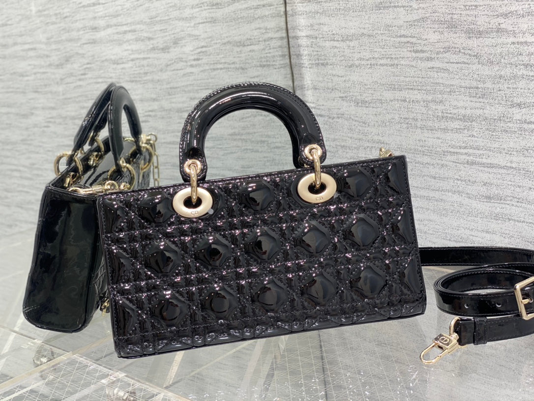 Dior D-Joy Medium Glossy Leather Handbag 26cm Dual Straps Full Set Packaging Quilted Pattern Luxury Tote