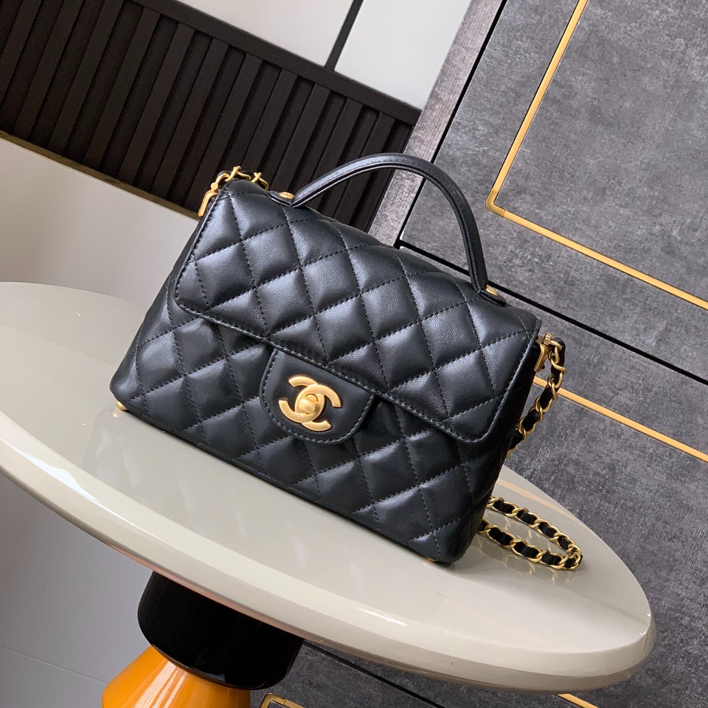 OHANEL Summer Exclusive Black Gold Mini Kelly Vertical Bag - Vintage Luxury Crossbody with Quad Stud Base 14x20x6cm