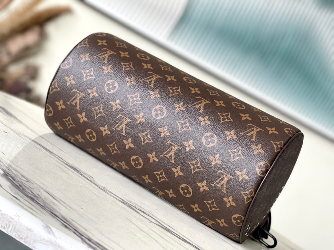 Soft Olochon Cylinder Bag | Monogram Macassar Canvas & Leather Detachable Strap 33cm Crossbody Tote