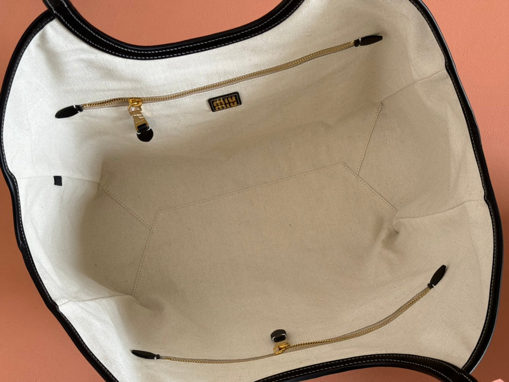 MIU LVY Leather Tote Bag 40cm - Premium Genuine Leather with Gold Hardware & Dual Zipper Pockets