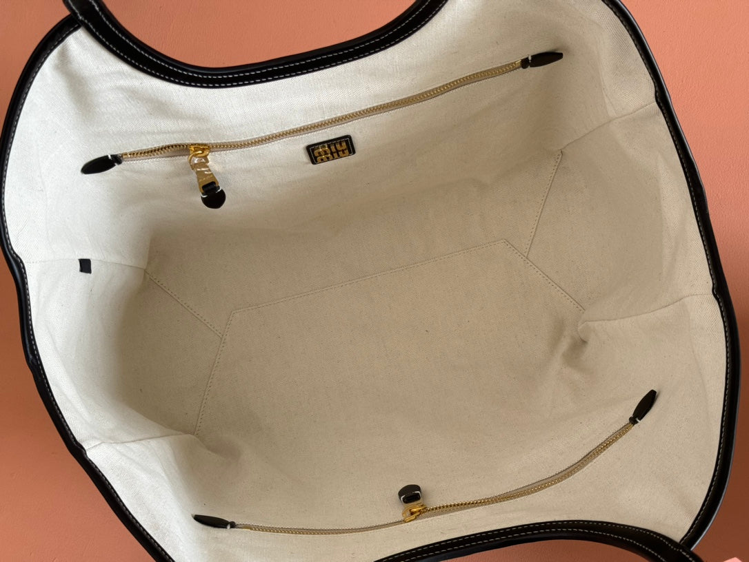MIU LVY Leather Tote Bag 40cm - Premium Genuine Leather with Gold Hardware & Dual Zipper Pockets