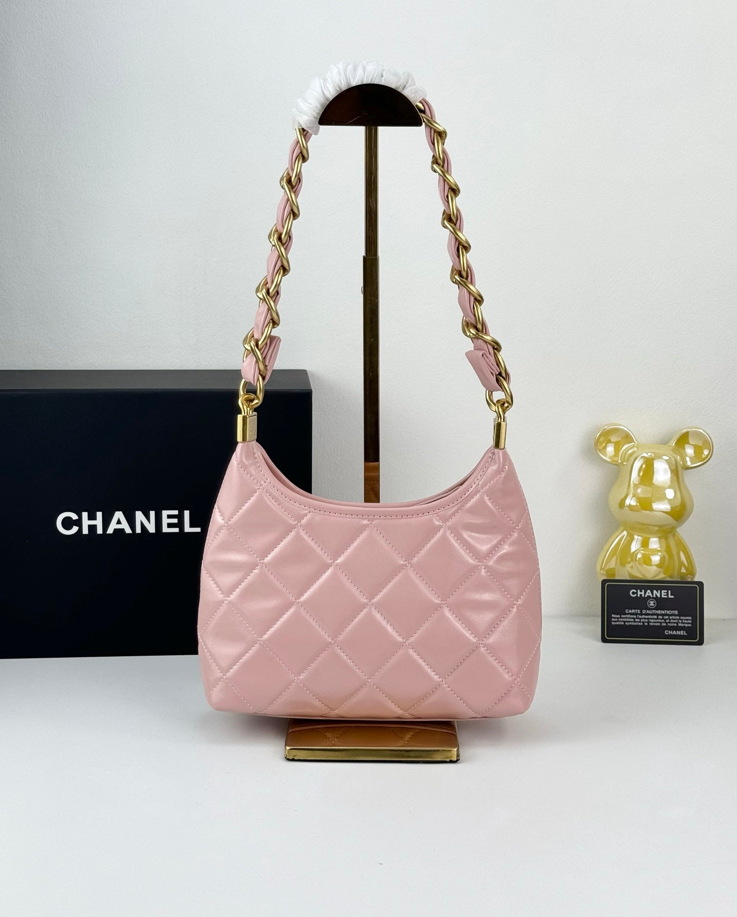 Chanel Sakura Pink Hobo Bag | 24K Gold Chunky Chain Strap | 22cm Lightweight Wax Leather Crossbody