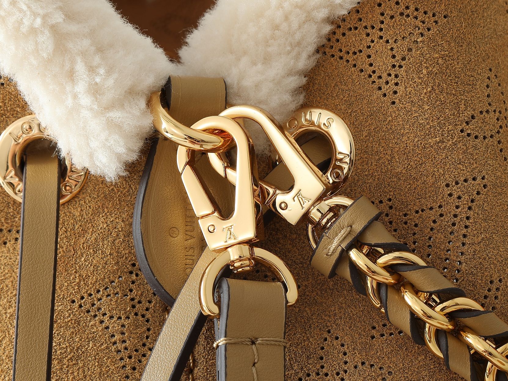 LV Ski Collection Bella Bag | Embroidered Suede Calfskin & Shearling Trim Shoulder Bag with Detachable Chain