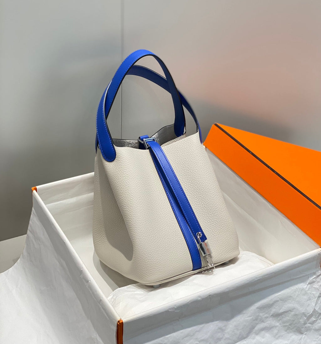 Hermès Picotin Lock 22cm Two-Tone Silver Bucket Bag | Gris Perle & Bleu Electrique Limited Edition