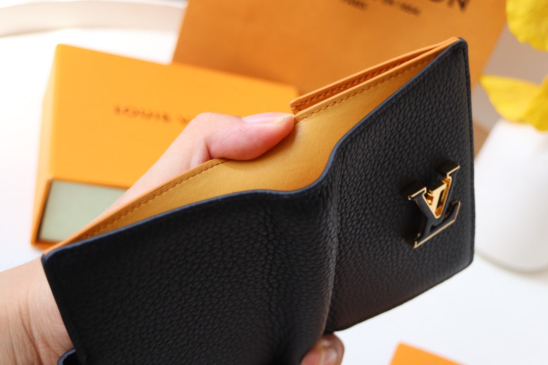 Louis Vuitton LV Vertical Compact Wallet | Grained Taurillon Leather | Capucines-Inspired Slide Lock | Multi-Card Organizer