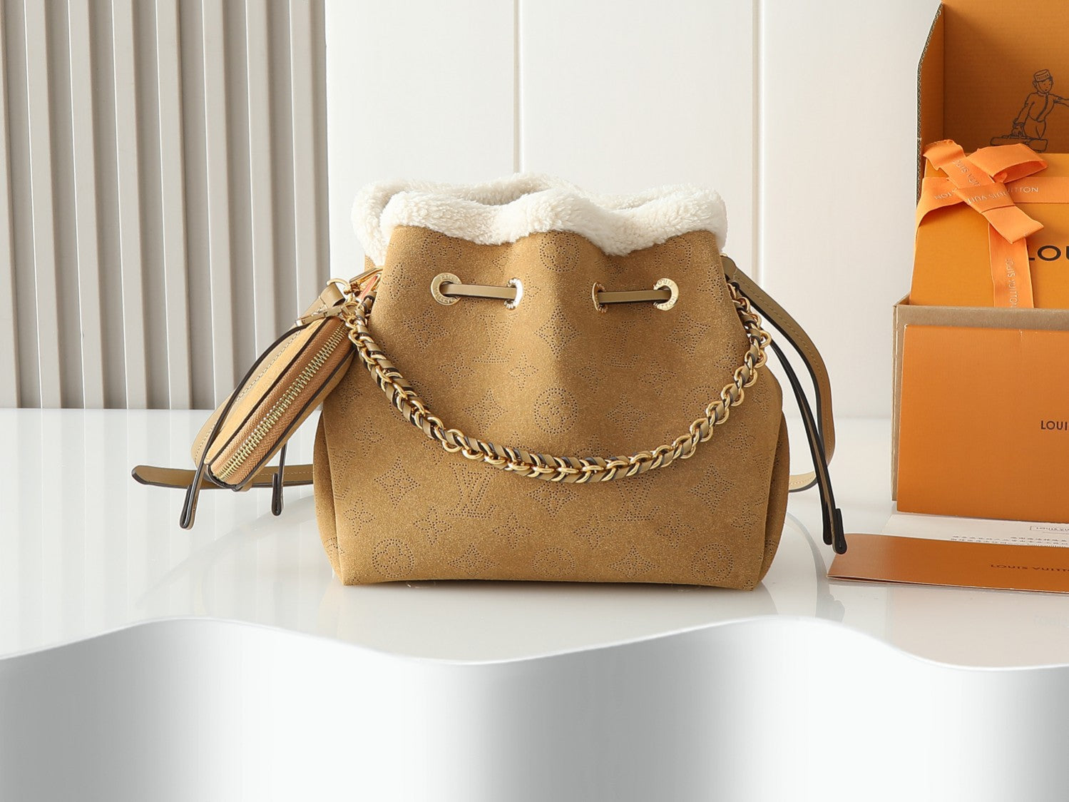 LV Ski Collection Bella Bag | Embroidered Suede Calfskin & Shearling Trim Shoulder Bag with Detachable Chain