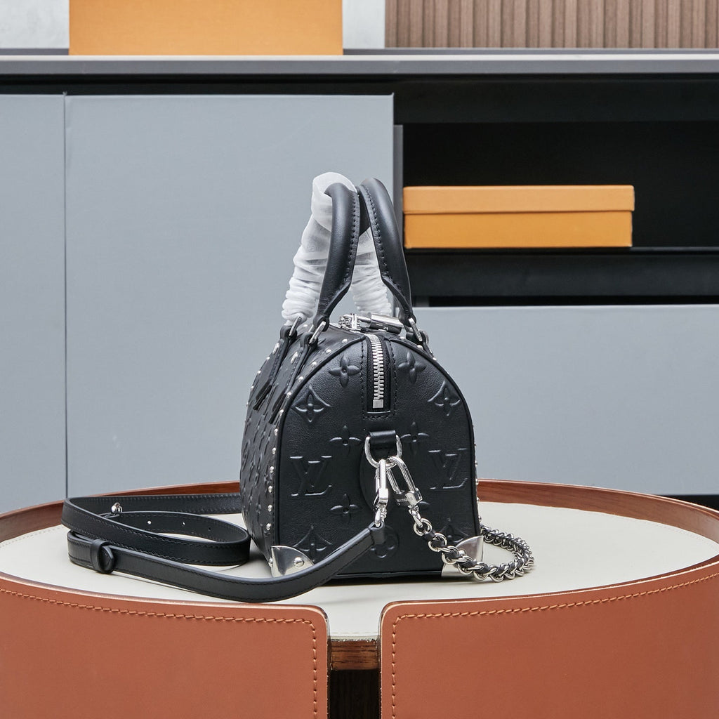 Louis Vuitton 2025 Cruise Collection Dynamic Monogram Bold Speedy 20 Trunk Handbag - Embossed Calfskin Metal Accents Detachable Chain Strap