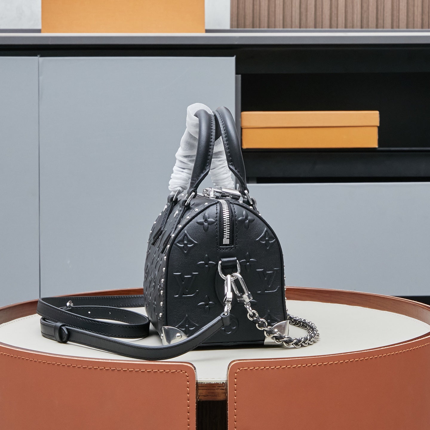 Louis Vuitton 2025 Cruise Collection Dynamic Monogram Bold Speedy 20 Trunk Handbag - Embossed Calfskin Metal Accents Detachable Chain Strap