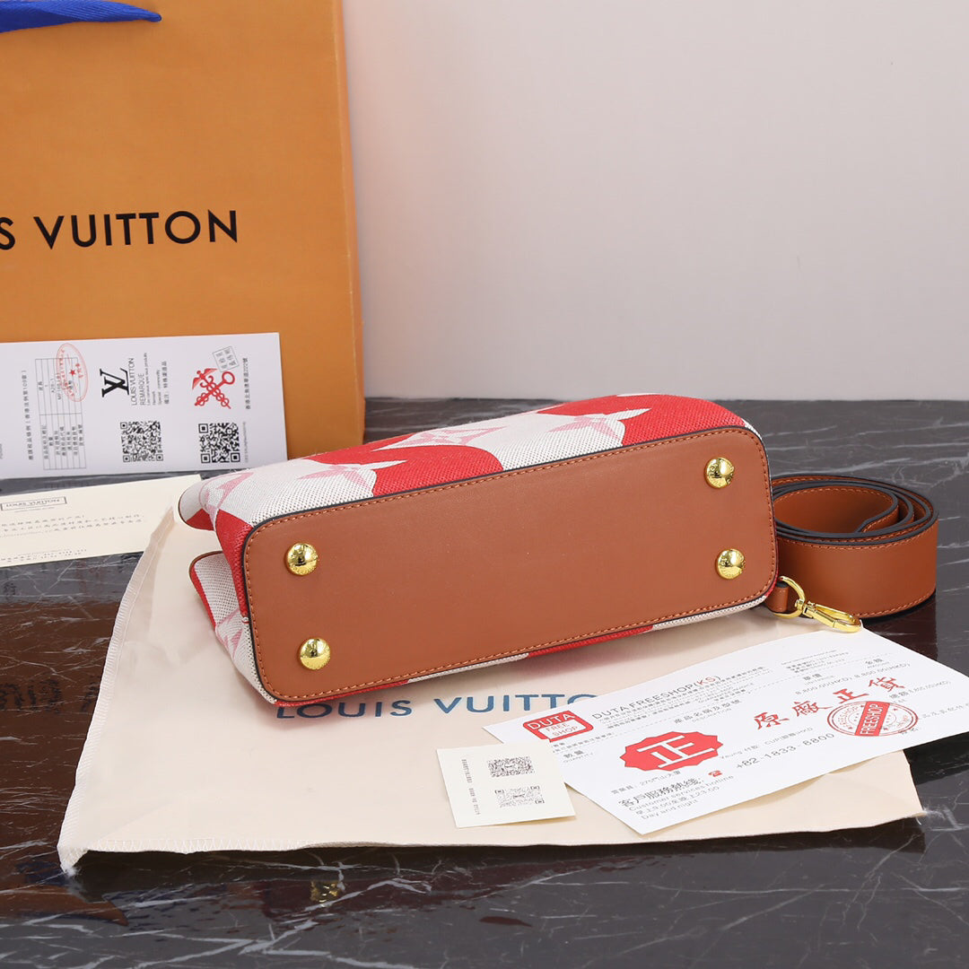 Louis Vuitton Capucines bb Red Pebbled Leather Bag 27x18x10cm | Celebrity Street Style, Detachable Strap & Twist Lock