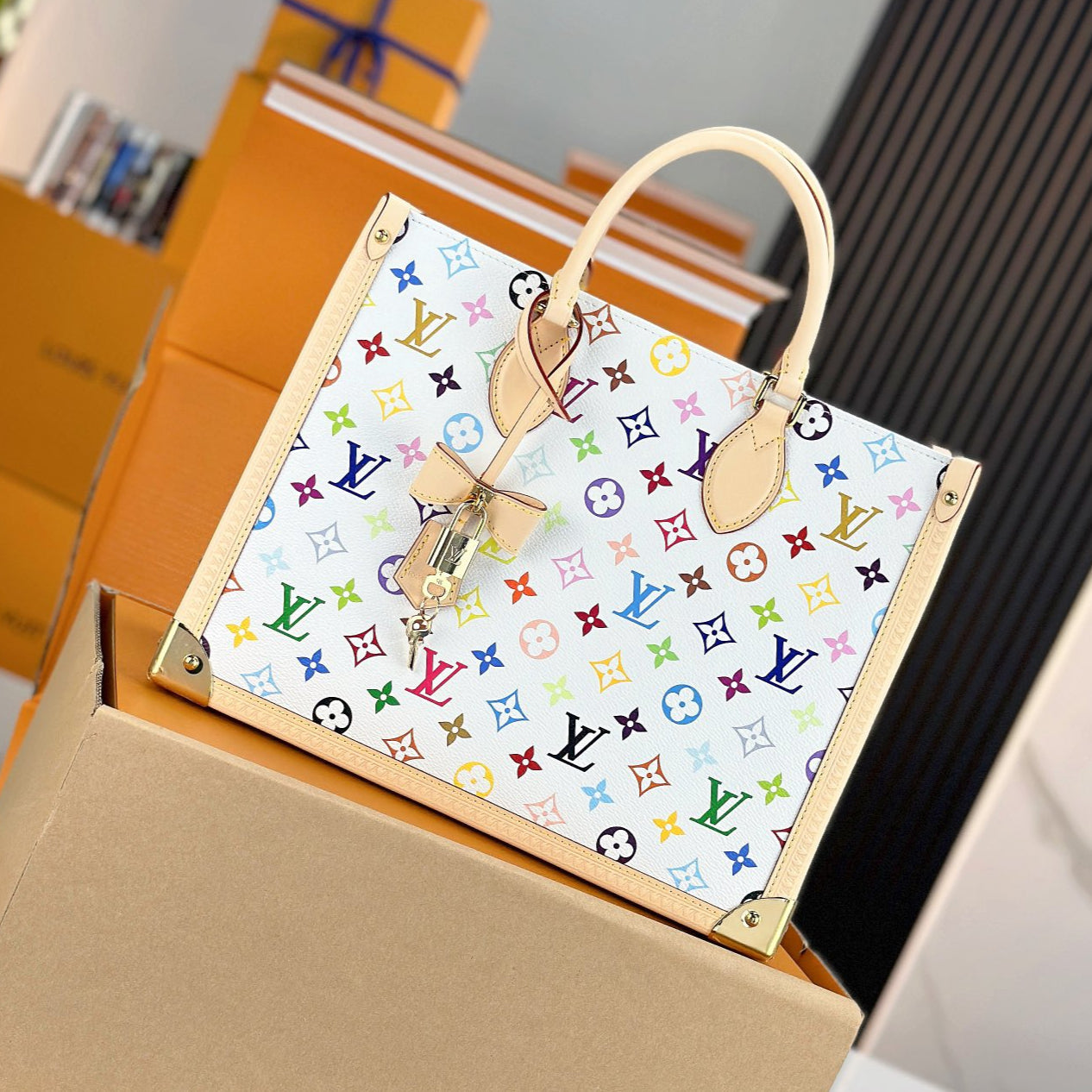 LV X TM ONTHEGO Medium Handbag | A+ Stainless Steel Hardware | Premium MB Elastic Fabric | Duty-Free Luxury Set