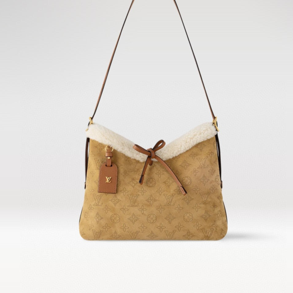 Louis Vuitton CarryAll Small Handbag | LV Ski Collection Monogram Perforated Suede Leather | Dynamic Anti-Counterfeit Chip & Magnetic Closure | Shearling Trim Winter Design | Detachable Adjustable Strap 29x24x12cm