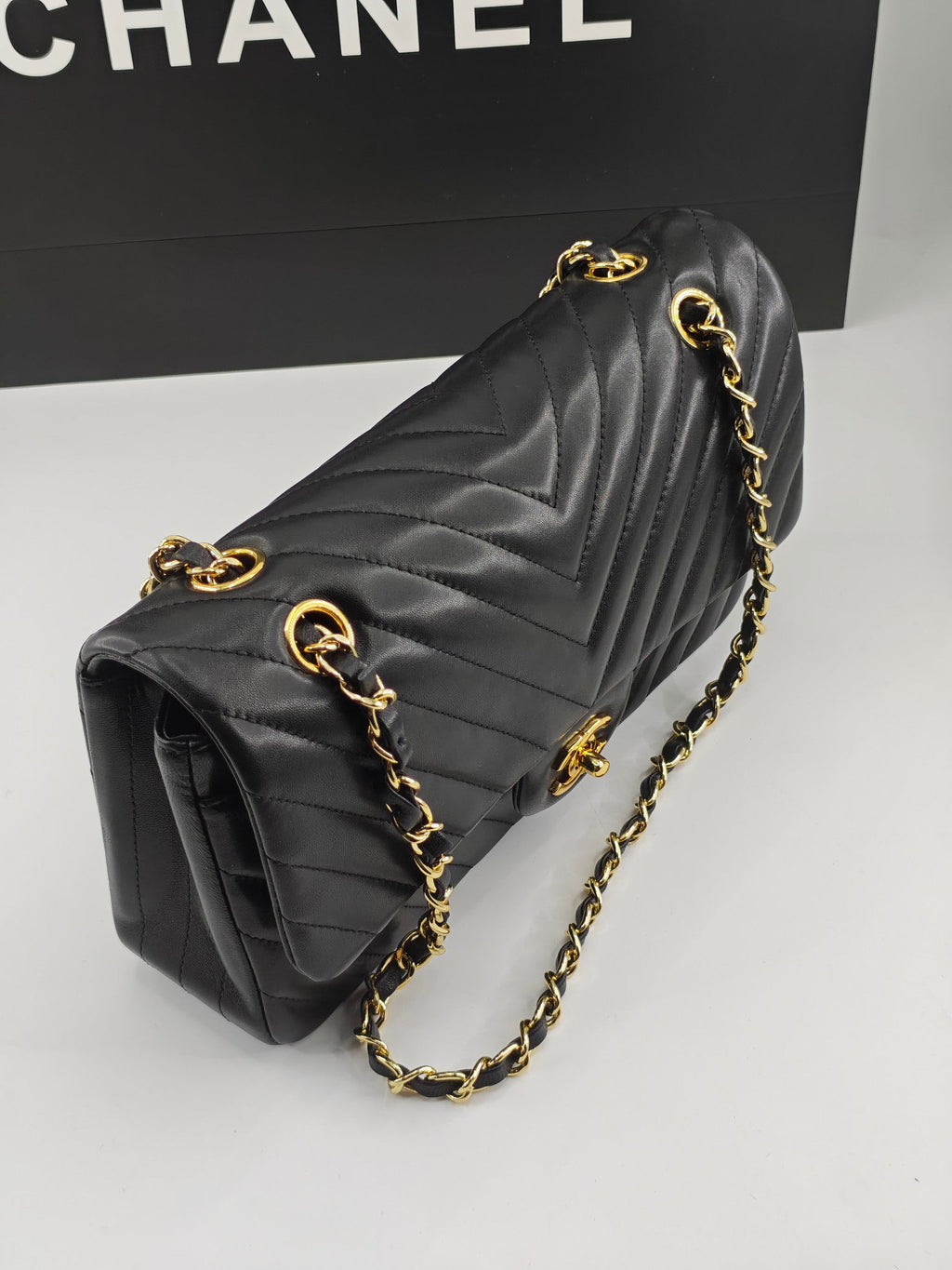 Chanel CF1112 Classic Black Gold Lambskin Bag | Stamped Chip Edition | 24K Gold Plated Hardware | Luxury Choice for Gatherings