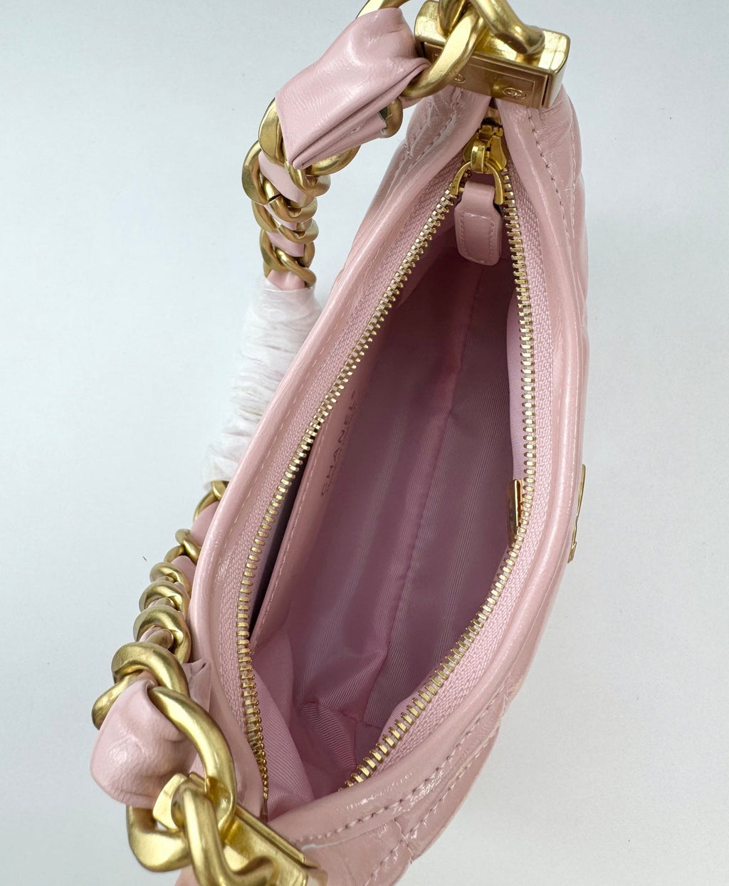 Chanel Sakura Pink Hobo Bag | 24K Gold Chunky Chain Strap | 22cm Lightweight Wax Leather Crossbody