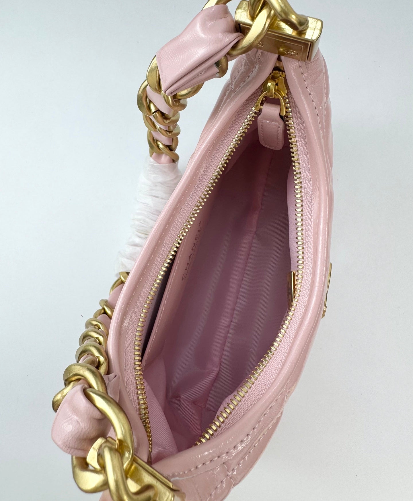 Chanel Sakura Pink Hobo Bag | 24K Gold Chunky Chain Strap | 22cm Lightweight Wax Leather Crossbody