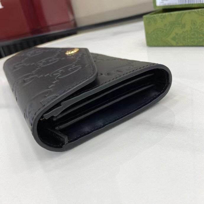 Gucci GG Monogram Long Wallet  Black Pebbled Leather with Antique Gold Closure  19x10x3cm