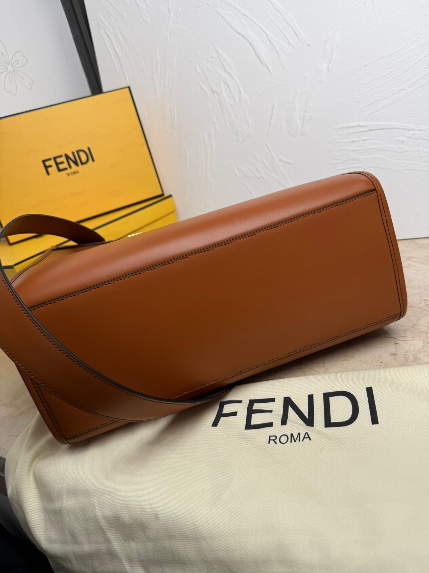 FENDI Sunshine Medium Brown Leather Tote Bag - Tortoiseshell Handles, Detachable Strap & Embossed Logo, Made in Italy