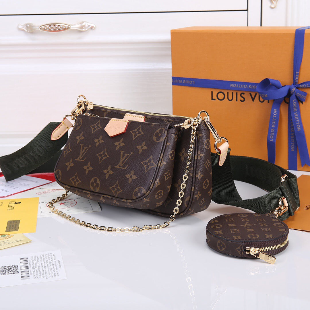 Luxury 3-in-1 Monogram Canvas Handbag Set | Multi-Pochette Crossbody Bag 24cm (Emerald/Pink/Caramel) with Full Packaging