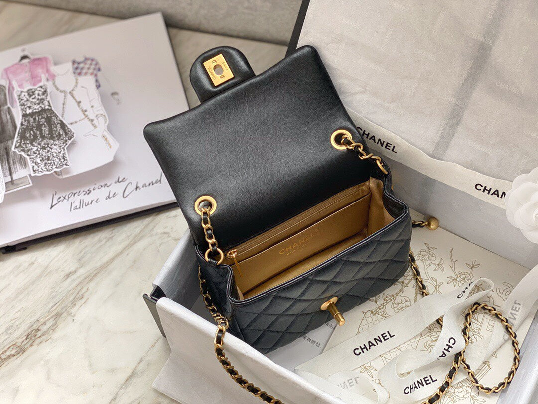 Chanel-Inspired Mini Square Bag with Metal Ball Chain - 13x18x7cm Genuine Lamb Leather Shoulder Bag Full Set Packaging