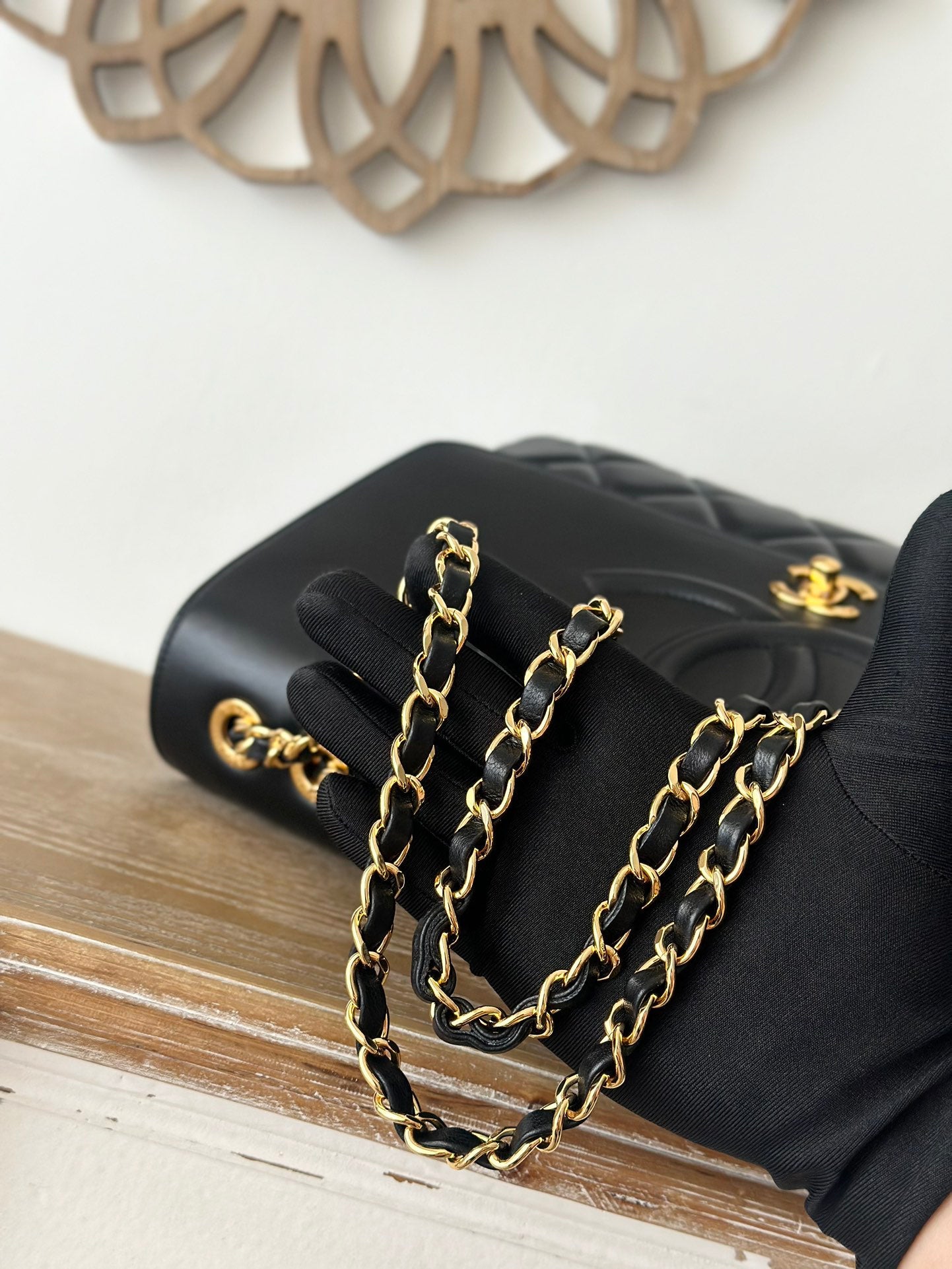 CHANEL Black Lamb Skin Double Chain Shoulder Bag 33x23x11cm | Caviar Quilted Series, Spacious Fiber Lining