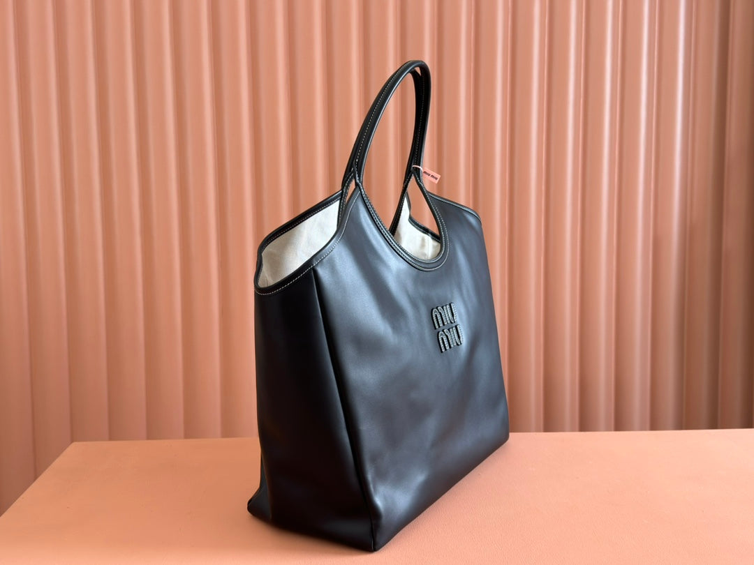 MIU LVY Leather Tote Bag 40cm - Premium Genuine Leather with Gold Hardware & Dual Zipper Pockets