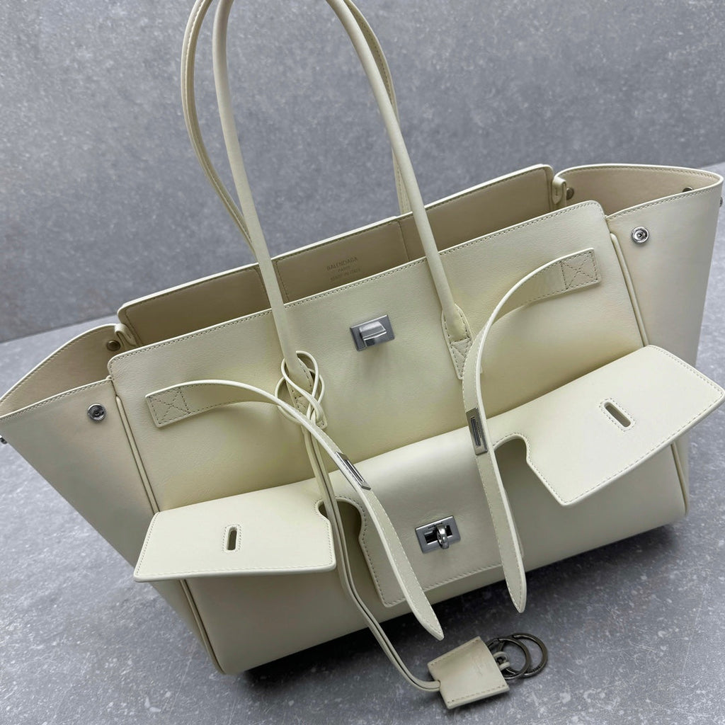 Balenciaga Bel Air Leather Tote Bag - Medium Silver White | 30x29x16cm Carry-All Designer Handbag