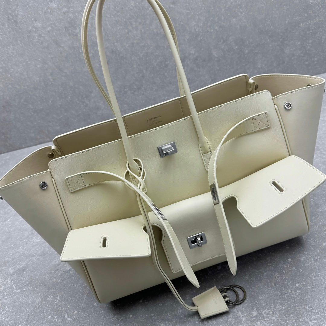 Balenciaga Bel Air Leather Tote Bag - Medium Silver White | 30x29x16cm Carry-All Designer Handbag