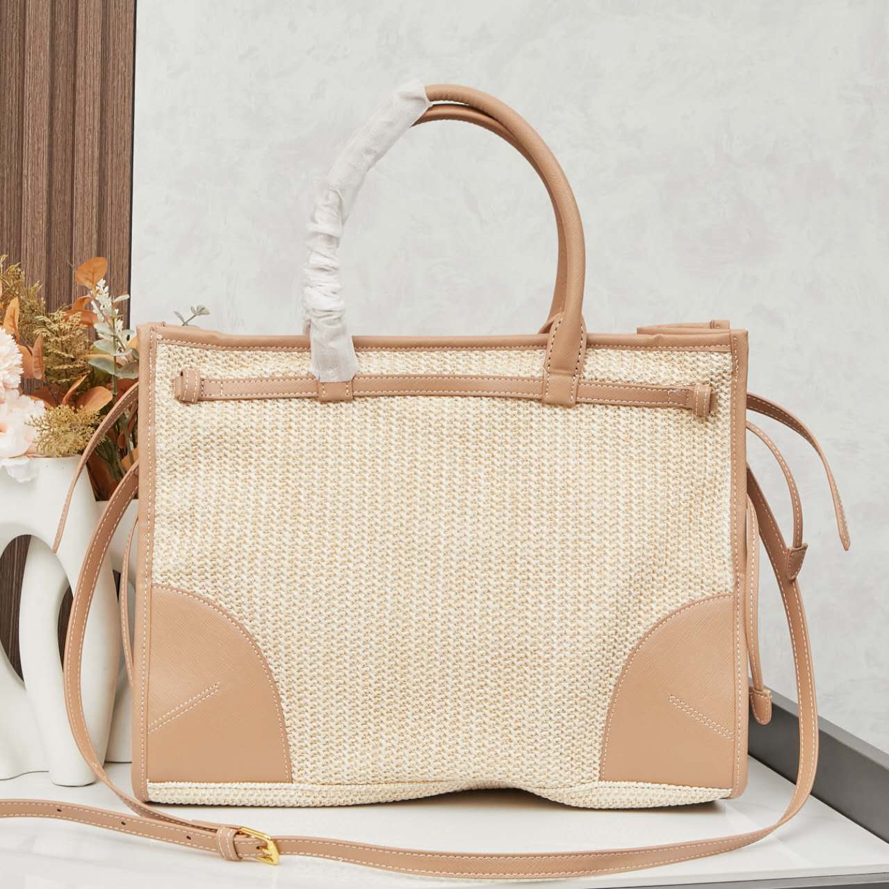 🌴 PRADA Raffia Tote Bag 38x30x12｜Waterproof Lining & Detachable Strap｜Summer Woven Beach Bag