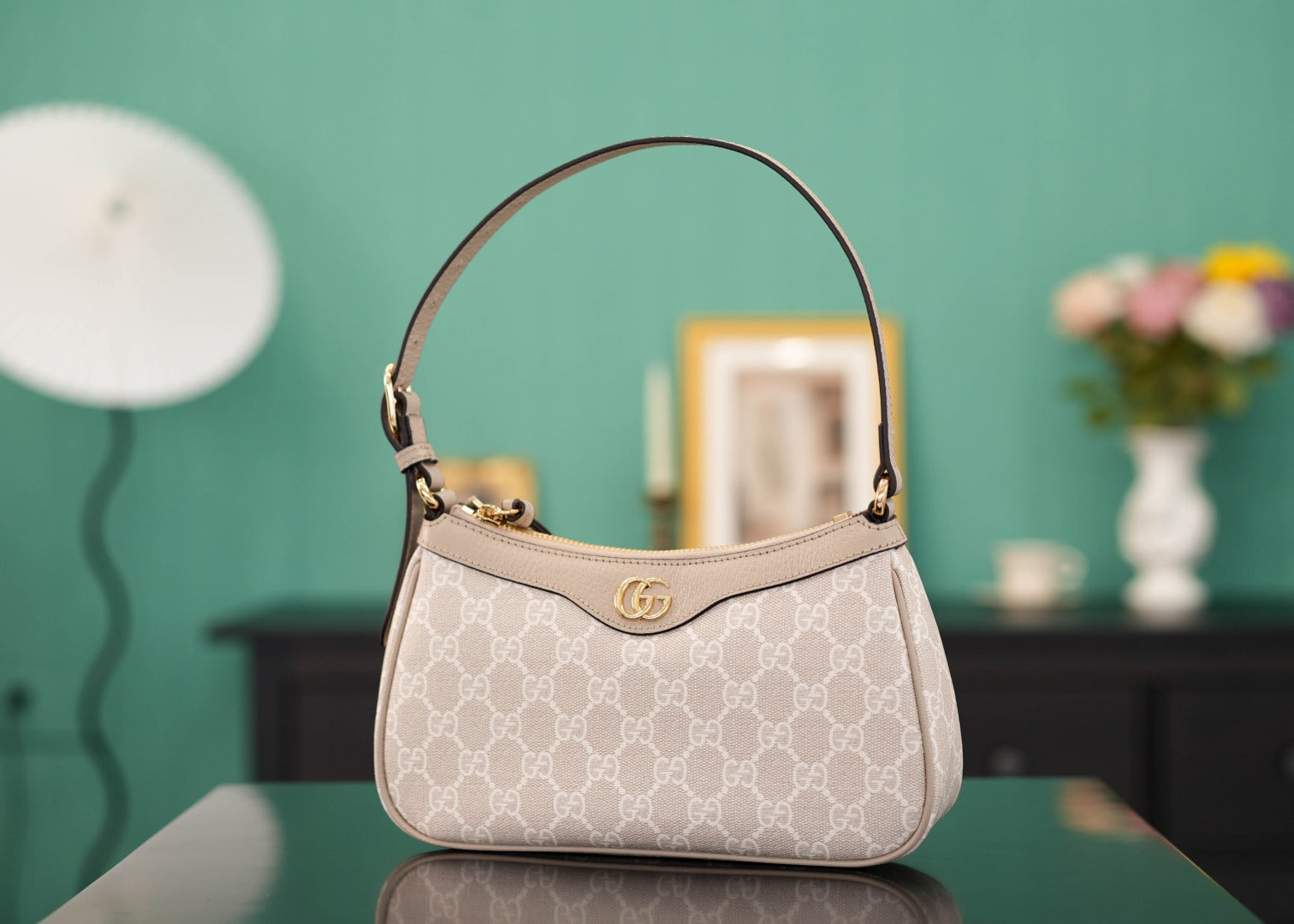Ophidia Mini Shoulder Bag | Beige 25cm | Italian Marbella Pell Leather  Monogram PVC | Solid Brass Hardware with Full Packaging