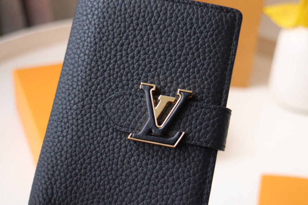 Louis Vuitton LV Vertical Compact Wallet | Grained Taurillon Leather | Capucines-Inspired Slide Lock | Multi-Card Organizer