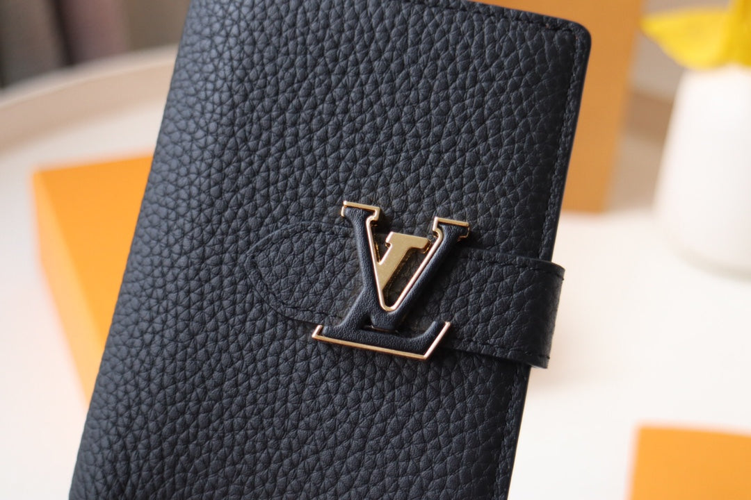 Louis Vuitton LV Vertical Compact Wallet | Grained Taurillon Leather | Capucines-Inspired Slide Lock | Multi-Card Organizer