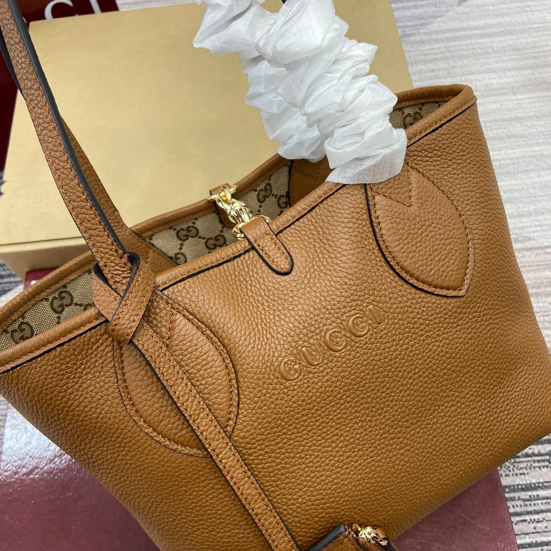 Gucci Totissima Reversible Tote Bag | Pebbled Leather & GG Canvas Two-Way Design | 21x18.5x16cm Lightweight