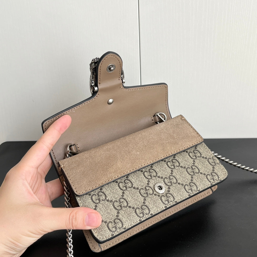 Gucci Dionysus Mini Bag 16.5x10cm Khaki Calfskin, Iconic Buckle, Entry-Level Statement Piece