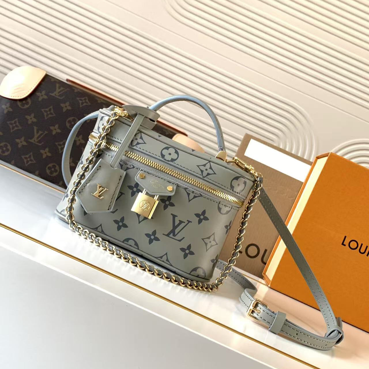 Louis Vuitton 2024 Fall/Winter Vanity Chain Pouch Bag - Monogram Canvas Cosmetic Case with Detachable Chain, LV Padlock & Key Holder