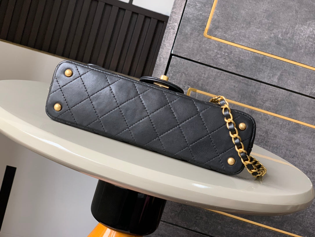【MINI OHANEL🚩SS2025】Vintage Black-Gold Kelly Bag - 3-Way Convertible Luxury Handbag (12x22x6cm) with Premium Hardware