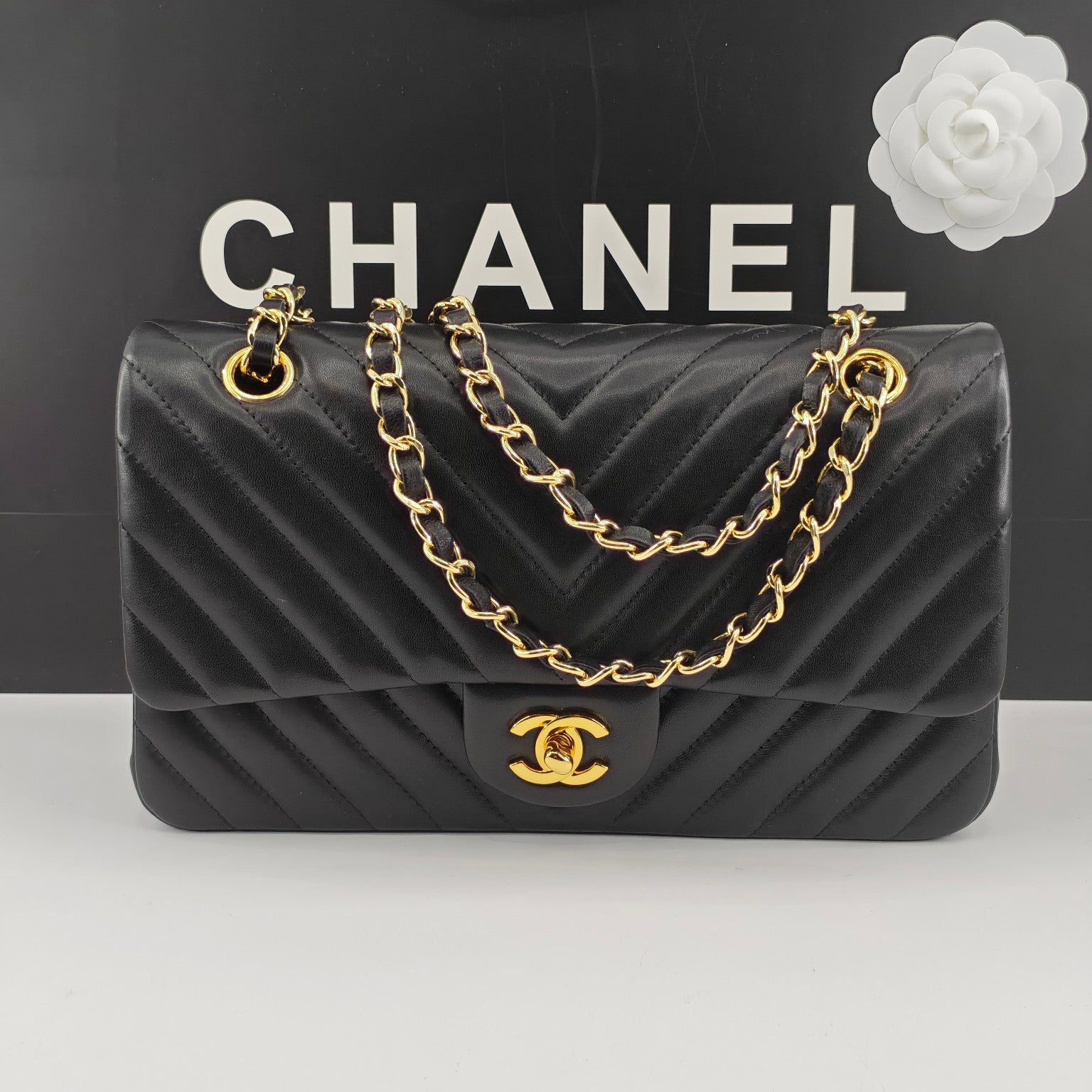Chanel CF1112 Classic Black Gold Lambskin Bag | Stamped Chip Edition | 24K Gold Plated Hardware | Luxury Choice for Gatherings