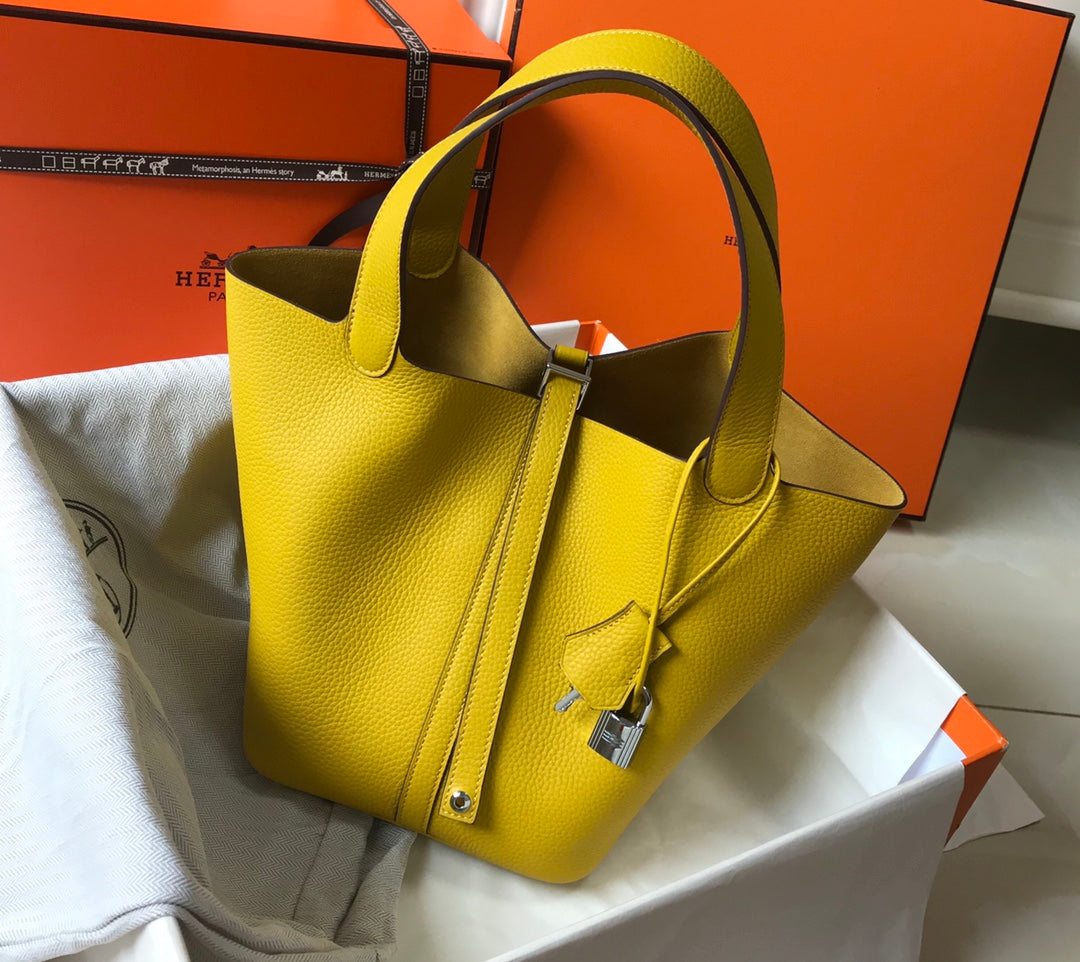 Hermès Picotin Lock 22cm Amber Yellow | Original Calfskin Tote Bag | Waterproof & Durable Everyday Carry