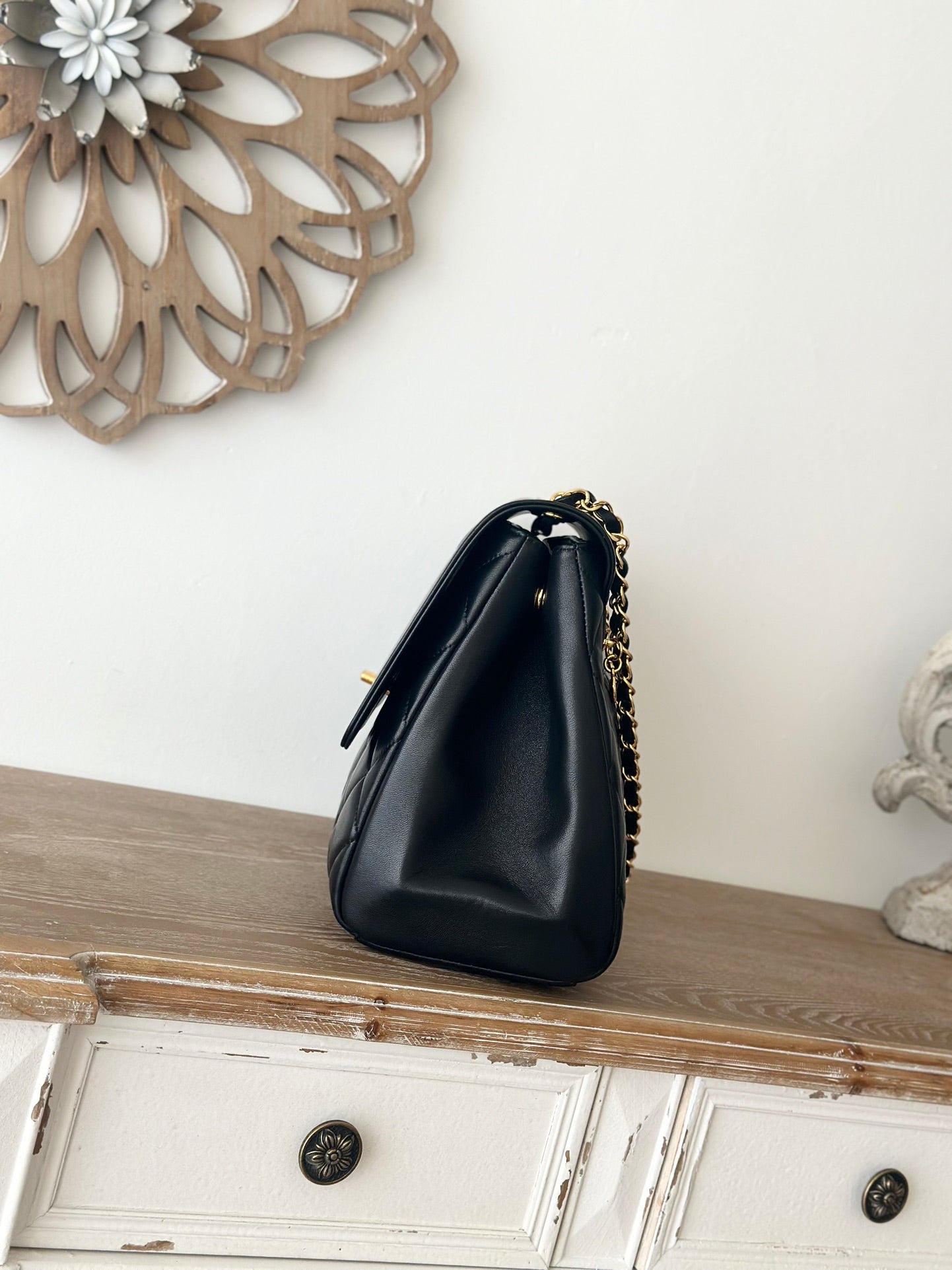 CHANEL Black Lamb Skin Double Chain Shoulder Bag 33x23x11cm | Caviar Quilted Series, Spacious Fiber Lining